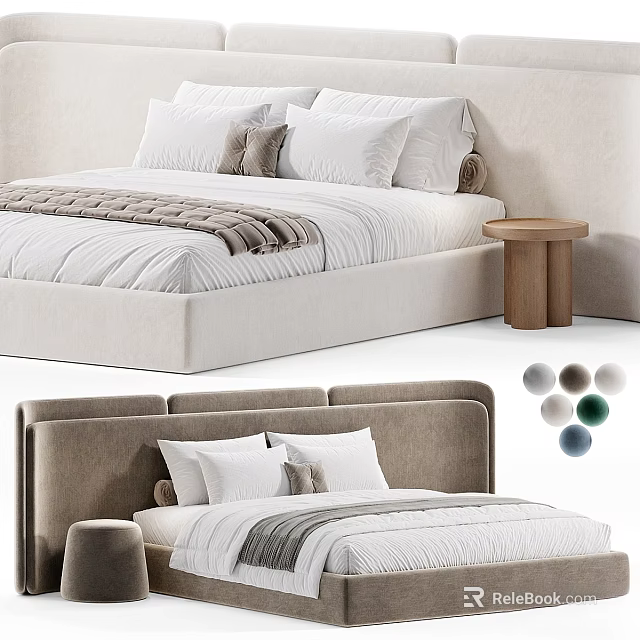 Modern double bed design with upholstered headboard decorative pillows small side table and color options 3d model 
