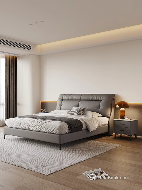Modern Bedroom Interior Design With Grey Leather Headboard Bed White Bedding Nightstand And Table Lamp 3d model 