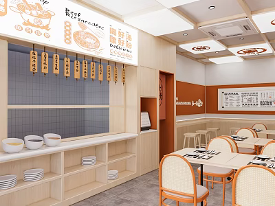 Cozy Bread Restaurant Interior With Wooden Decor Open Kitchen Menu Board Dining Tables Chairs 3d model