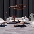 Modern White Sofa And Coffee Table Set With Floor Lamp Hanging Lights And Sculpture 3d model
