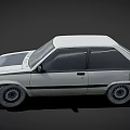 Vintage White Two door Hatchback Car With Black Stripes And Silver Wheels