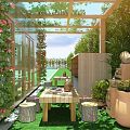School Wooden Pergola Rest Area With Tables Benches Green Plants Decorative Paintings And Sunlight