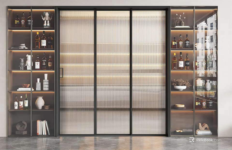 Elegant Wine Cabinet with Glass Doors LED Lighting and Display Shelves for Wine Bottles 3d model 