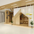 Modern Front Desk Reception Area Design With Wooden Slats And Potted Plants