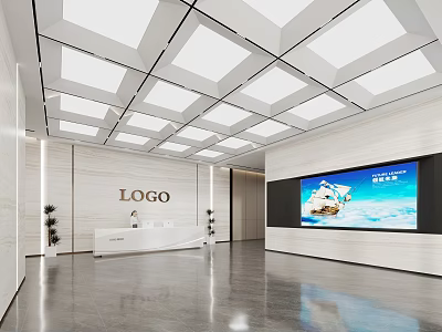 Spacious Modern Corporate Reception Lobby With Polished Marble Walls And Large Wall Mounted Digital 3d model