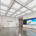 Spacious Modern Corporate Reception Lobby With Polished Marble Walls And Large Wall Mounted Digital