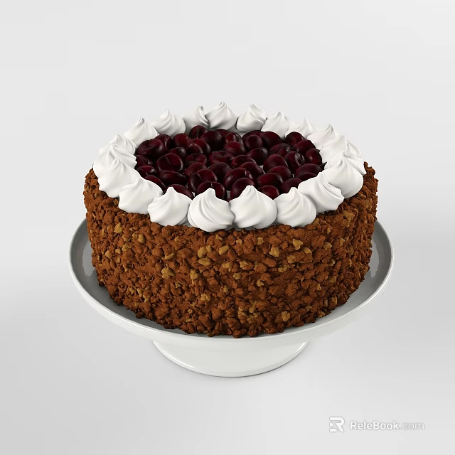 Chocolate Cake With Whipped Cream Topping Fresh Cherries And Nut Crust On White Plate 3d model 