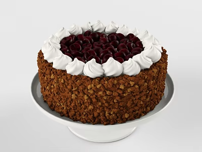 Chocolate Cake With Whipped Cream Topping Fresh Cherries And Nut Crust On White Plate 3d model
