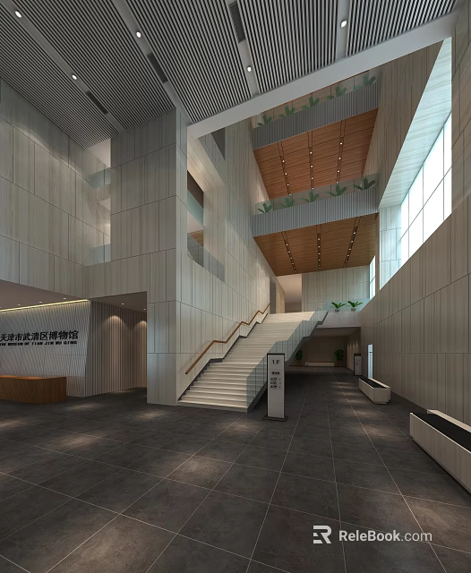 Modern Hospital Lobby Interior With Staircase Wooden Ceiling And Glass Windows 3d model 