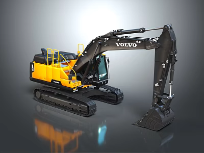 Volvo Yellow And Black Excavator With Tracks And Front Bucket For Construction 3d model