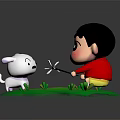 Cartoon Boy Playing With Little White Dog On Green Grass Field