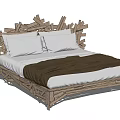 Double Bed With Wooden Frame Unique Headboard Design White Pillows And Brown Blanket