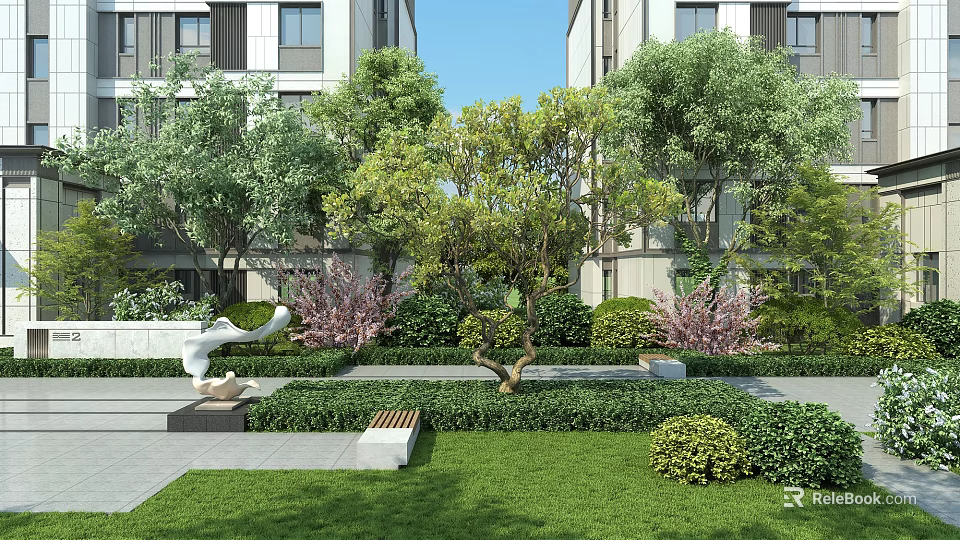 Lush Green Shrubs Enhancing Modern Residential Garden With Lawn Bench and Sculpture 3d model 