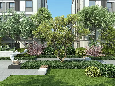 Lush Green Shrubs Enhancing Modern Residential Garden With Lawn Bench and Sculpture 3d model