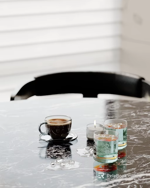 Modern Decorative Ornament Set with Coffee Cup Lit Candle and Glassware on Black Marble Tabletop 3d model 