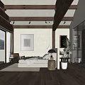 Hotel Room With Wooden Beamed Ceiling Mountain View Green Plants Beige Sofa And Wooden Floor