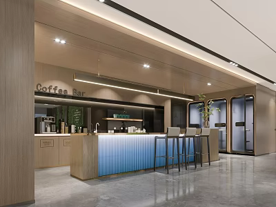 Modern Coffee Bar Interior Design With Wooden Elements Blue Counter And Bar Stools 3d model