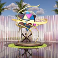 Colorful Geometric Sculpture With Golden Flowing Lines Human Figure Base And Palm Trees Water Feature