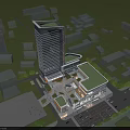 Modern High Rise Hotel Building With Glass Curtain Wall Podium Structure And Surrounding Parking Area