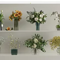 Beautiful Multiple Flower Vases with Various Floral Arrangements on White Shelves