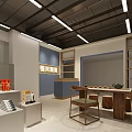 Specialty Store Interior Design With Displayed Products Wooden Blue Decor And Showcase Area