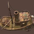 Fish Shaped Sailboat With Large Eyes Sharp Teeth Rusty Metal Small Windows Chimney And Lifebuoy
