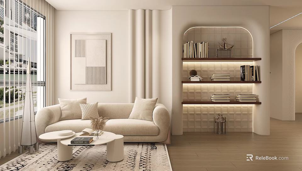 Modern Cozy Cream Toned Living Room With Curved Plush Sofa And Illuminated Wall Bookshelves 3d model 