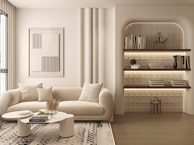 Modern Cozy Cream Toned Living Room With Curved Plush Sofa And Illuminated Wall Bookshelves 3d model