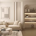 Modern Cozy Cream Toned Living Room With Curved Plush Sofa And Illuminated Wall Bookshelves