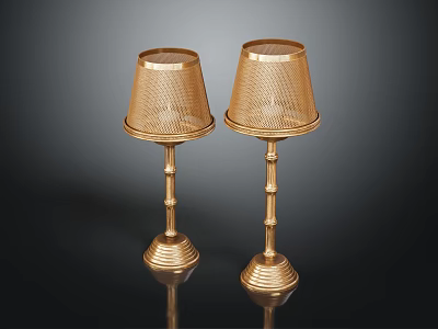 Two Gold Table Lamps With Mesh Shades Bamboo Poles And Textured Bases On Black Background 3d model