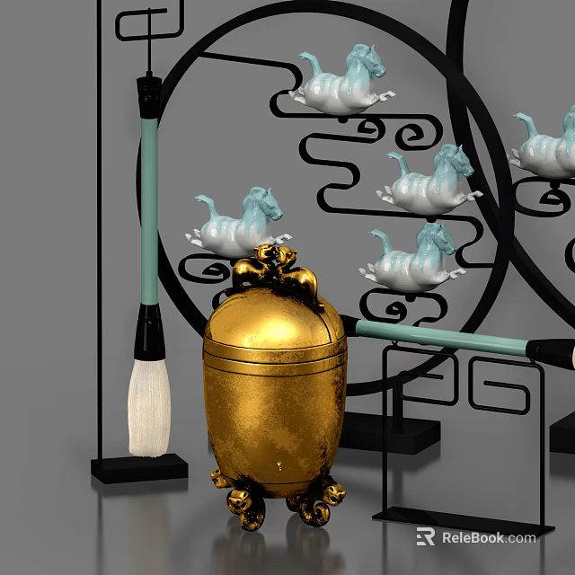 Elegant Decorative Ornament Set With Golden Container Blue White Ponies Black Rack And Writing Brush 3d model 