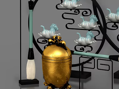 Elegant Decorative Ornament Set With Golden Container Blue White Ponies Black Rack And Writing Brush 3d model