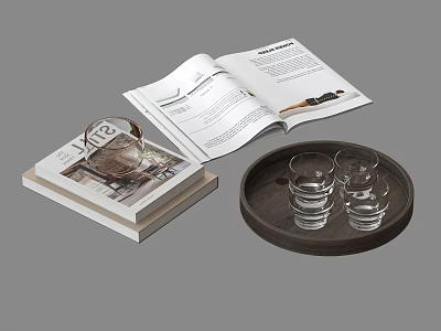 Open Magazine And Stacked Books With Wooden Tray And Glass Cups 3d model