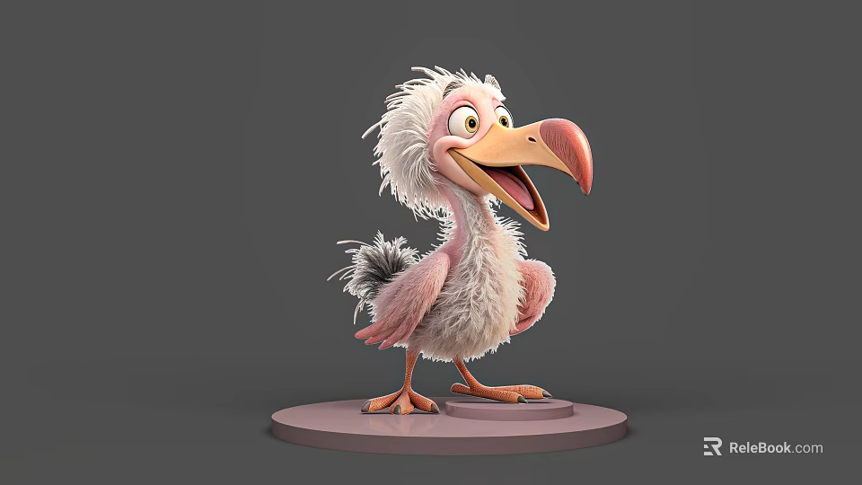 Cute Cartoon Pelican With Fluffy Feathers Open Beak Standing On Pink Base 3d model 