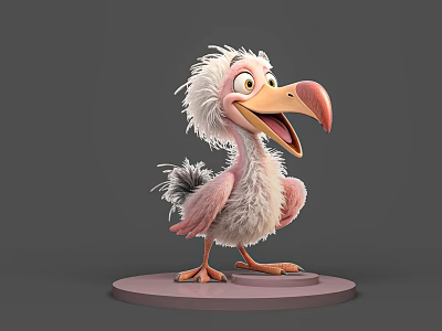 Cute Cartoon Pelican With Fluffy Feathers Open Beak Standing On Pink Base 3d model