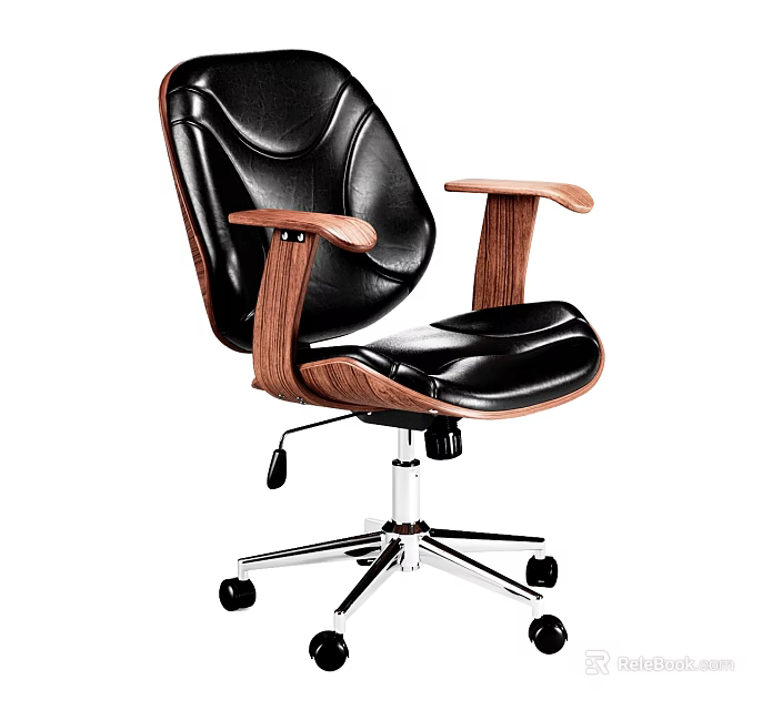 Black Leather Office Chair with Wooden Armrests and Swivel Metal Base with Wheels 3d model 