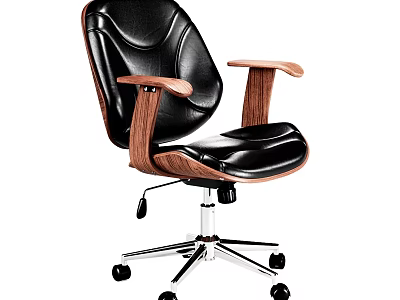 Black Leather Office Chair with Wooden Armrests and Swivel Metal Base with Wheels 3d model