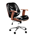 Black Leather Office Chair with Wooden Armrests and Swivel Metal Base with Wheels