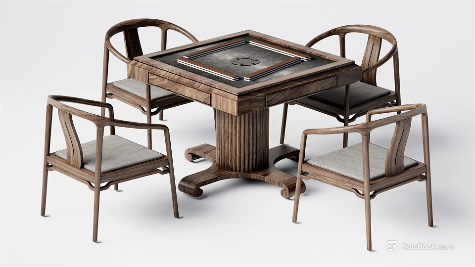 Wooden Entertainment Table With Square Tabletop Classic Design And Four Upholstered Chairs 3d model 