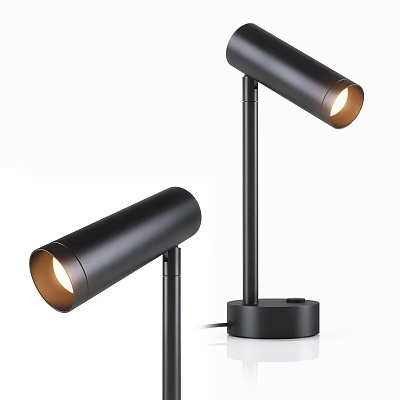 Modern Black Table Lamp with Cylindrical Head Illuminated Warm Light Slim Pole Round Base Design 3d model