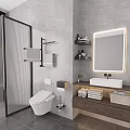Wall Mounted Bathroom Cabinet Rack with Towel Holder Shelf and Toiletries on Gray Wall