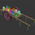 Vintage Wooden Cart Loaded With Multiple Clay Pots On Dark Background