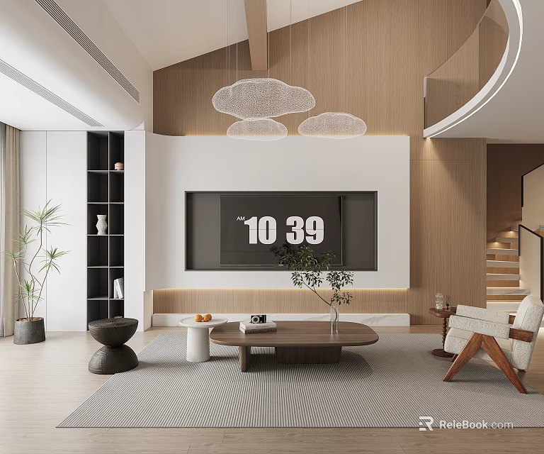 Loft Living Room Modern Design With Cloud Lights And Wood Accents 3d model 