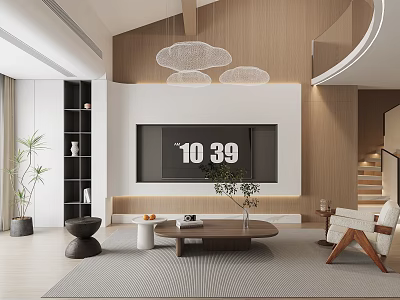 Loft Living Room Modern Design With Cloud Lights And Wood Accents 3d model