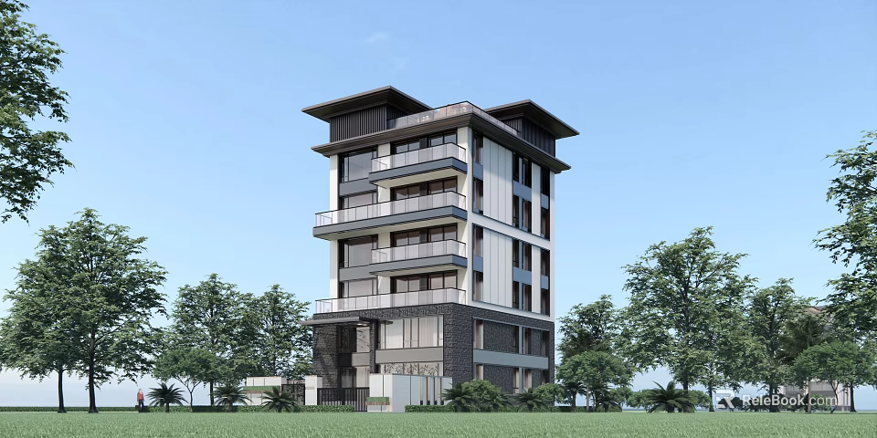 Modern Detached Villa Exterior Design With Multiple Floors And Balconies Surrounded By Trees 3d model 