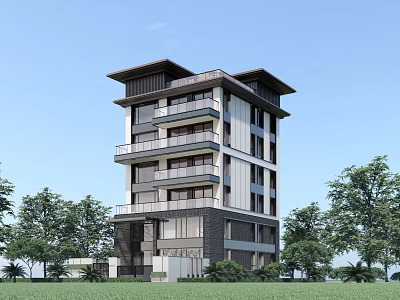 Modern Detached Villa Exterior Design With Multiple Floors And Balconies Surrounded By Trees 3d model