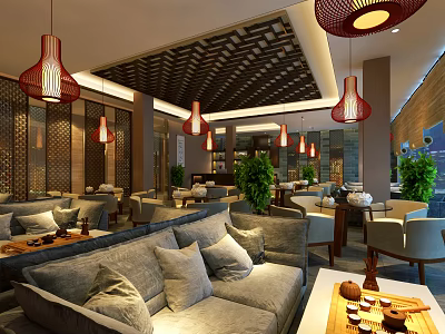Traditional Teahouse Interior Design With Red Pendant Lights Comfortable Sofas And Green Plants 3d model