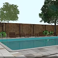 Outdoor Wooden Dining Furniture Set With Poolside Patio And Green Garden Plants