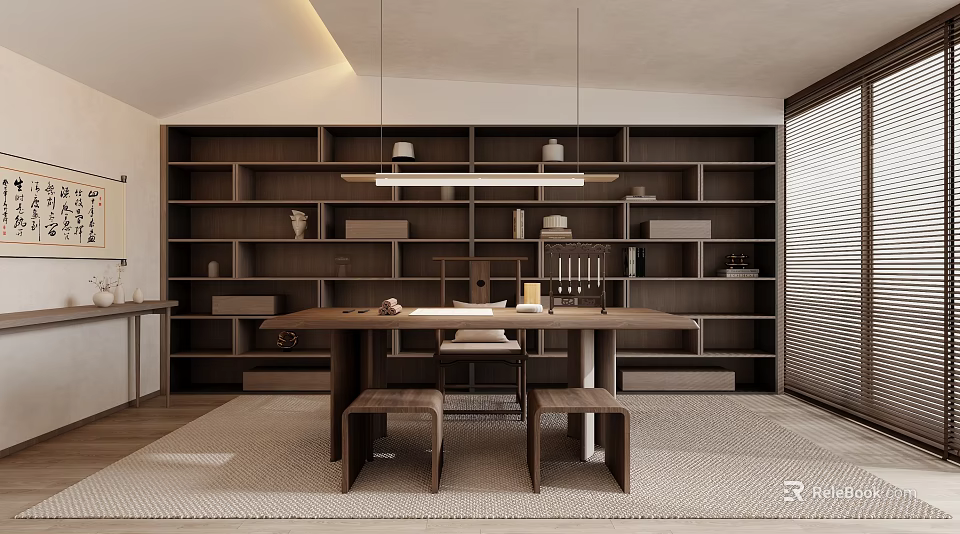 Modern Study Room Interior With Dark Wooden Bookshelves Writing Desk And Stools 3d model 