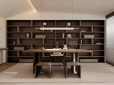 Modern Study Room Interior With Dark Wooden Bookshelves Writing Desk And Stools 3d model